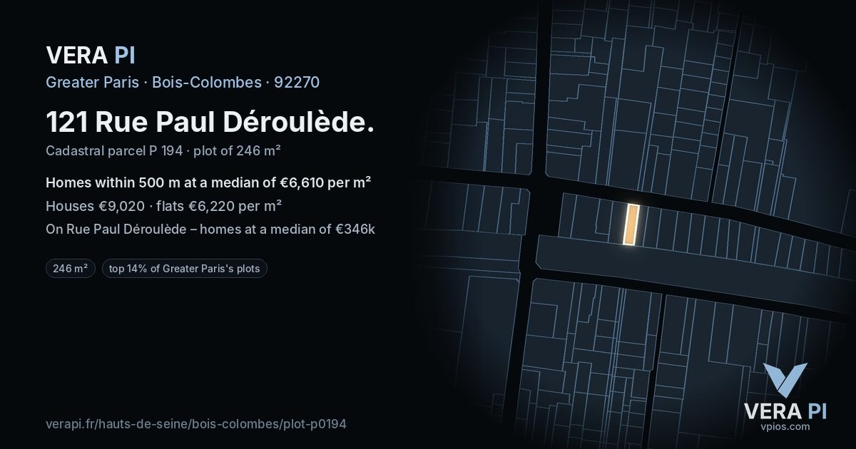 121 Rue Paul Déroulède, Bois-Colombes at night – the plot lit, the parcels around coloured by the prices near them
