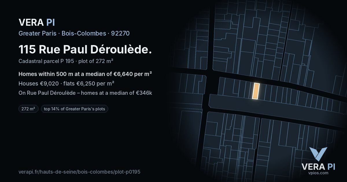 115 Rue Paul Déroulède, Bois-Colombes at night – the plot lit, the parcels around coloured by the prices near them