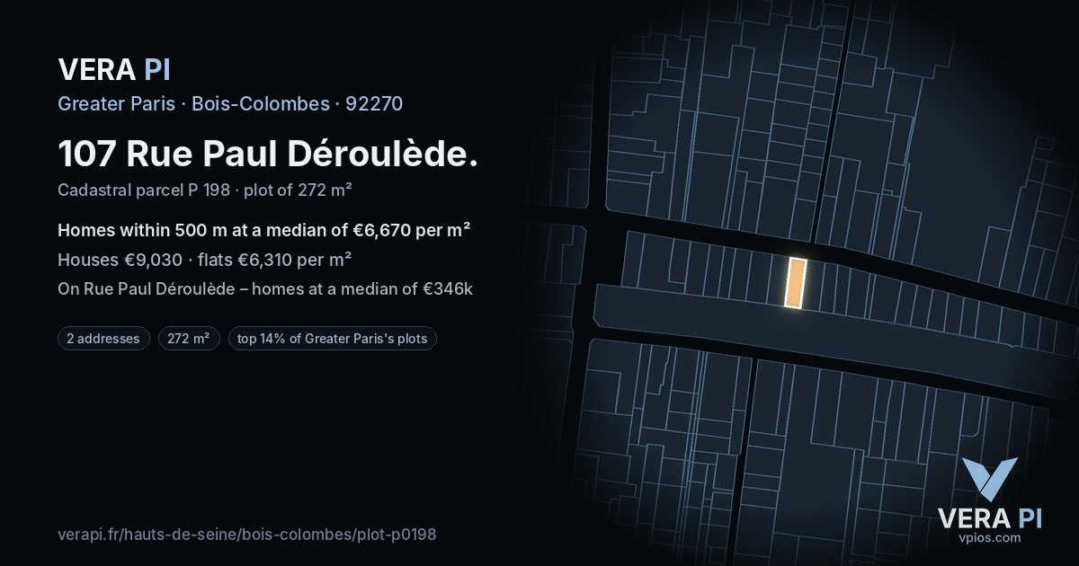 107 Rue Paul Déroulède, Bois-Colombes at night – the plot lit, the parcels around coloured by the prices near them