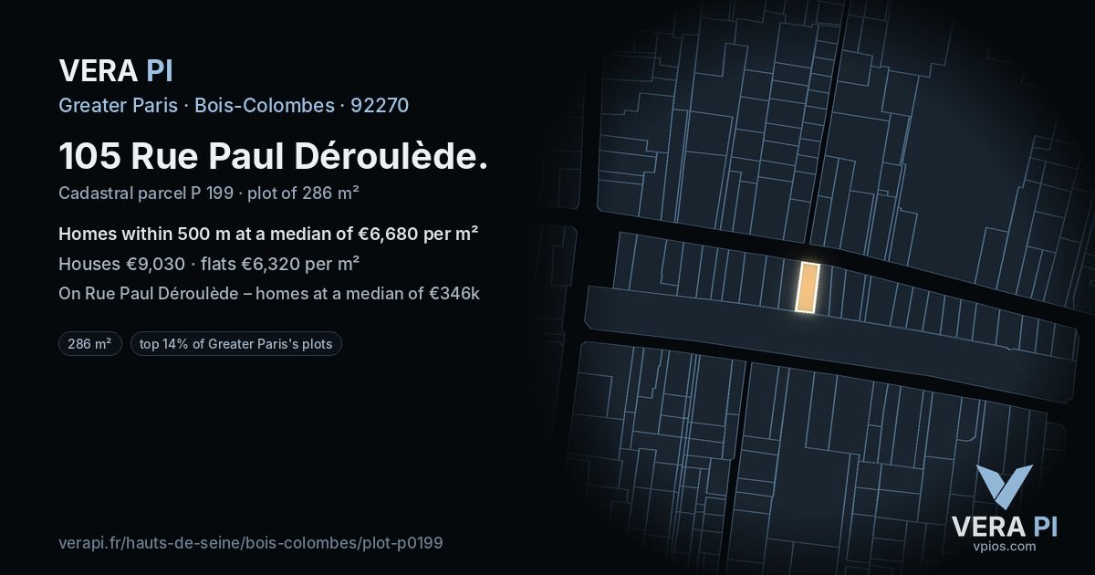 105 Rue Paul Déroulède, Bois-Colombes at night – the plot lit, the parcels around coloured by the prices near them