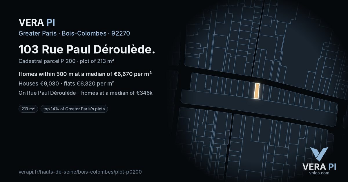 103 Rue Paul Déroulède, Bois-Colombes at night – the plot lit, the parcels around coloured by the prices near them