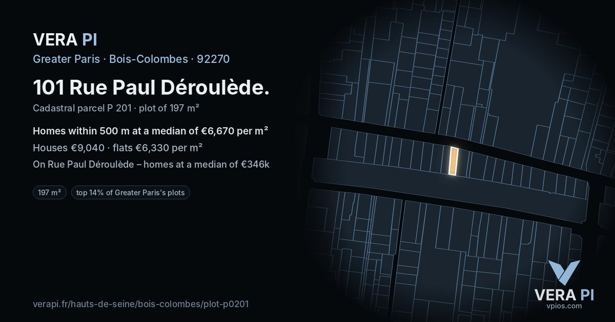 101 Rue Paul Déroulède, Bois-Colombes at night – the plot lit, the parcels around coloured by the prices near them