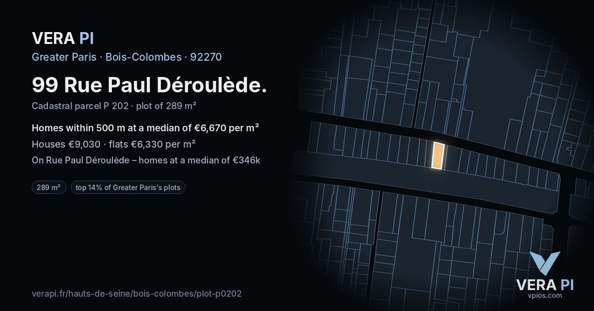99 Rue Paul Déroulède, Bois-Colombes at night – the plot lit, the parcels around coloured by the prices near them