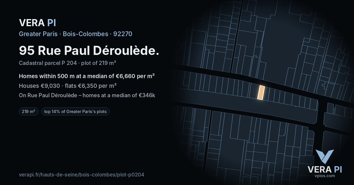 95 Rue Paul Déroulède, Bois-Colombes at night – the plot lit, the parcels around coloured by the prices near them