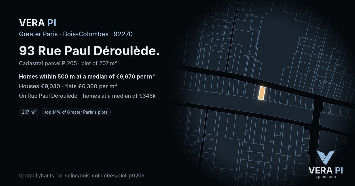 93 Rue Paul Déroulède, Bois-Colombes at night – the plot lit, the parcels around coloured by the prices near them