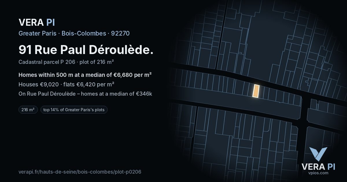 91 Rue Paul Déroulède, Bois-Colombes at night – the plot lit, the parcels around coloured by the prices near them
