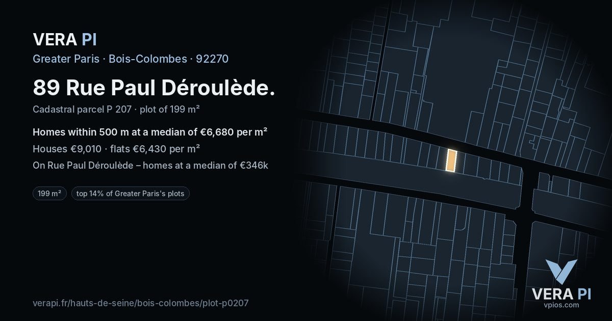 89 Rue Paul Déroulède, Bois-Colombes at night – the plot lit, the parcels around coloured by the prices near them