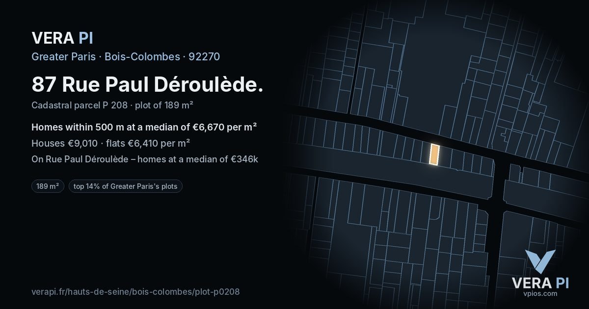 87 Rue Paul Déroulède, Bois-Colombes at night – the plot lit, the parcels around coloured by the prices near them