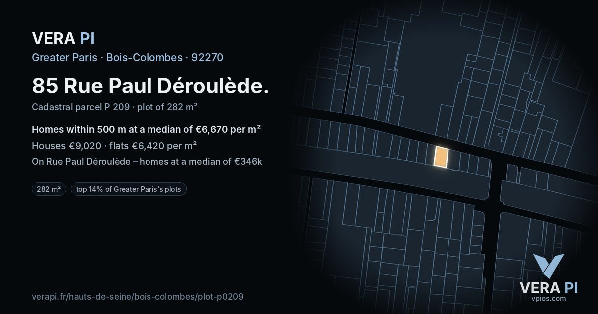 85 Rue Paul Déroulède, Bois-Colombes at night – the plot lit, the parcels around coloured by the prices near them