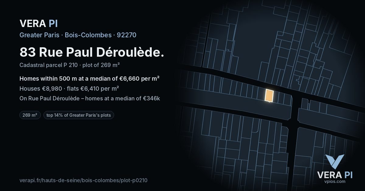 83 Rue Paul Déroulède, Bois-Colombes at night – the plot lit, the parcels around coloured by the prices near them