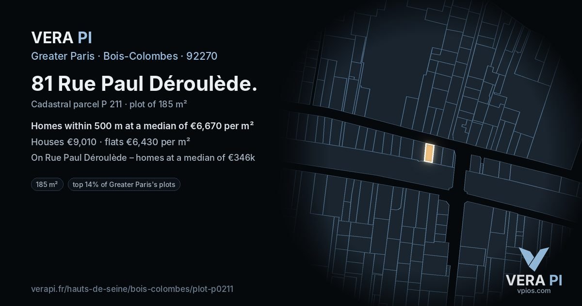 81 Rue Paul Déroulède, Bois-Colombes at night – the plot lit, the parcels around coloured by the prices near them