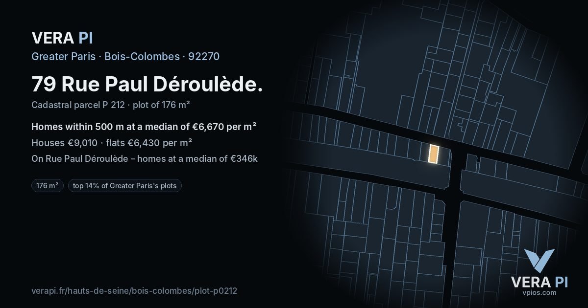 79 Rue Paul Déroulède, Bois-Colombes at night – the plot lit, the parcels around coloured by the prices near them