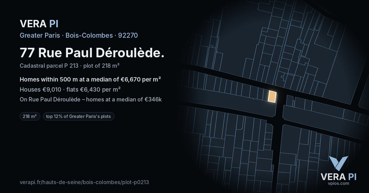 77 Rue Paul Déroulède, Bois-Colombes at night – the plot lit, the parcels around coloured by the prices near them