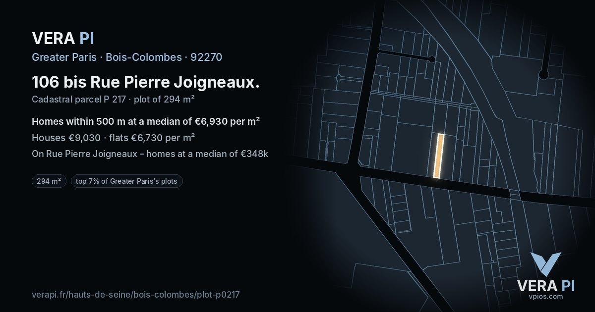 106 bis Rue Pierre Joigneaux, Bois-Colombes at night – the plot lit, the parcels around coloured by the prices near them