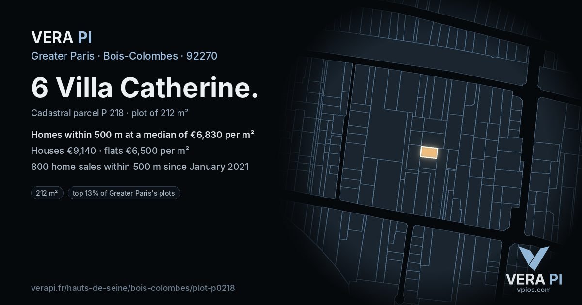 6 Villa Catherine, Bois-Colombes at night – the plot lit, the parcels around coloured by the prices near them