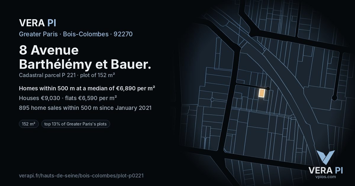 8 Avenue Barthélémy et Bauer, Bois-Colombes at night – the plot lit, the parcels around coloured by the prices near them