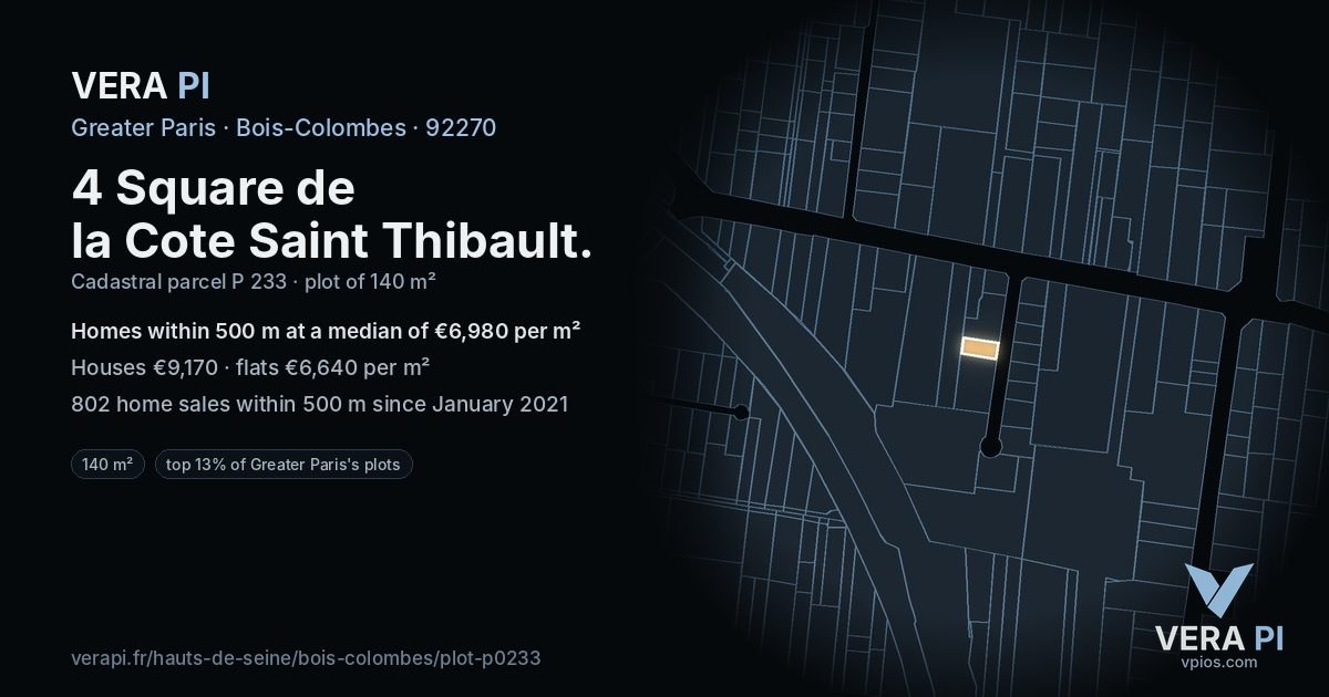 4 Square de la Cote Saint Thibault, Bois-Colombes at night – the plot lit, the parcels around coloured by the prices near them