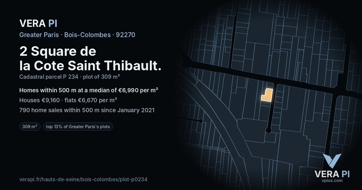 2 Square de la Cote Saint Thibault, Bois-Colombes at night – the plot lit, the parcels around coloured by the prices near them