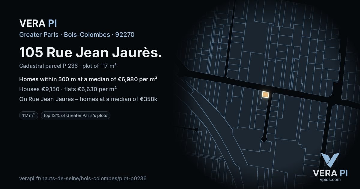 105 Rue Jean Jaurès, Bois-Colombes at night – the plot lit, the parcels around coloured by the prices near them