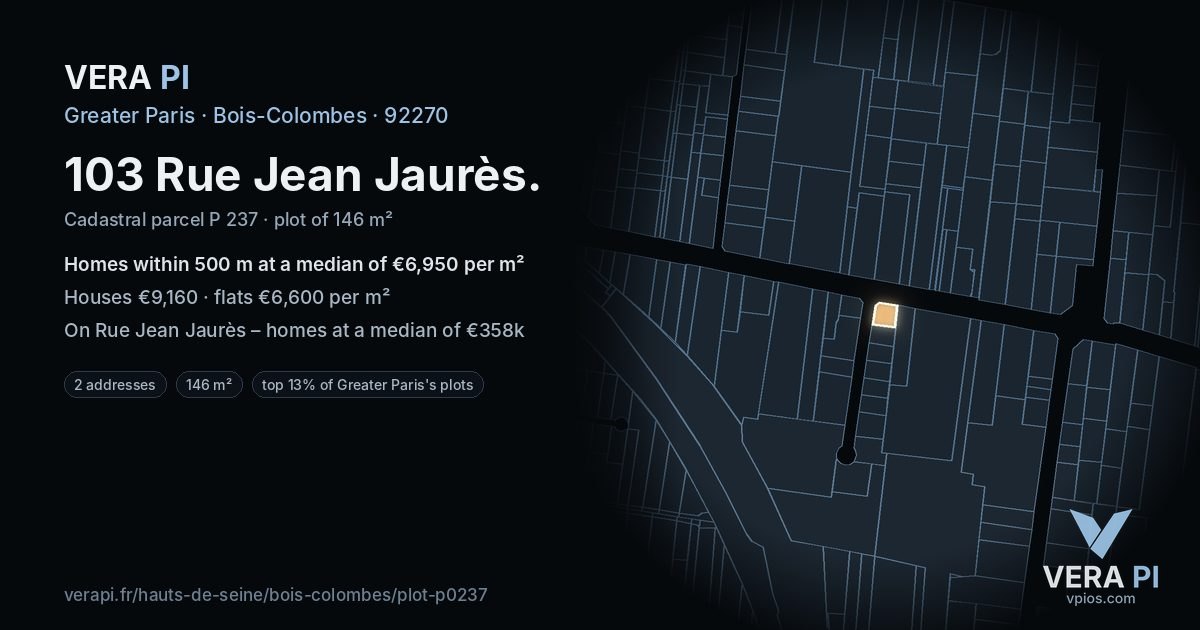 103 Rue Jean Jaurès, Bois-Colombes at night – the plot lit, the parcels around coloured by the prices near them