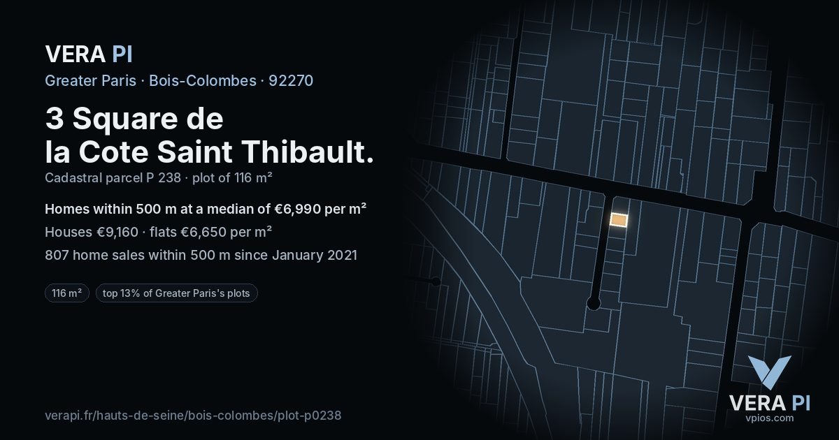 3 Square de la Cote Saint Thibault, Bois-Colombes at night – the plot lit, the parcels around coloured by the prices near them