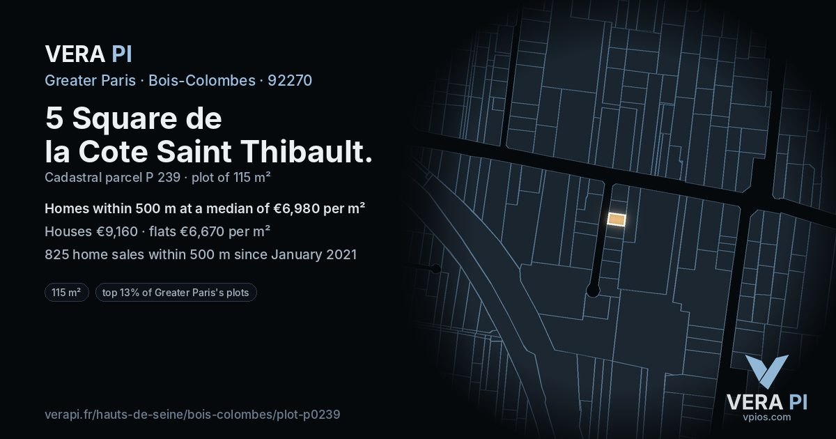 5 Square de la Cote Saint Thibault, Bois-Colombes at night – the plot lit, the parcels around coloured by the prices near them