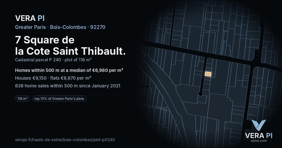 7 Square de la Cote Saint Thibault, Bois-Colombes at night – the plot lit, the parcels around coloured by the prices near them