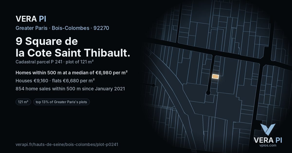 9 Square de la Cote Saint Thibault, Bois-Colombes at night – the plot lit, the parcels around coloured by the prices near them
