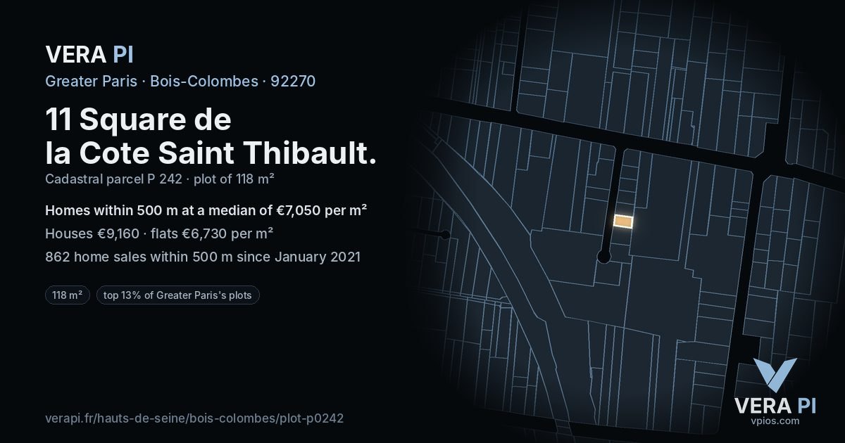 11 Square de la Cote Saint Thibault, Bois-Colombes at night – the plot lit, the parcels around coloured by the prices near them