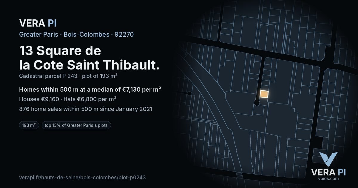13 Square de la Cote Saint Thibault, Bois-Colombes at night – the plot lit, the parcels around coloured by the prices near them