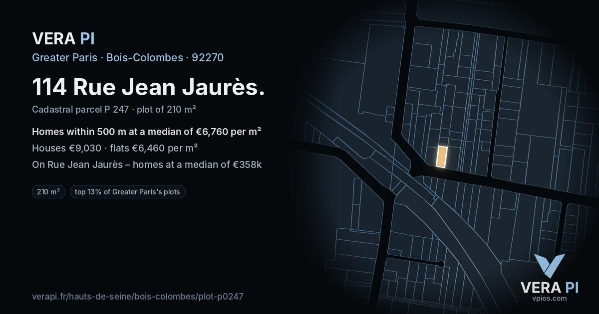 114 Rue Jean Jaurès, Bois-Colombes at night – the plot lit, the parcels around coloured by the prices near them