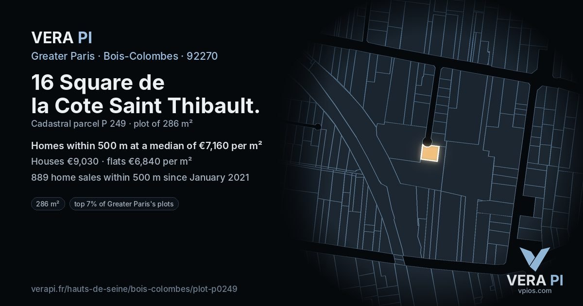 16 Square de la Cote Saint Thibault, Bois-Colombes at night – the plot lit, the parcels around coloured by the prices near them