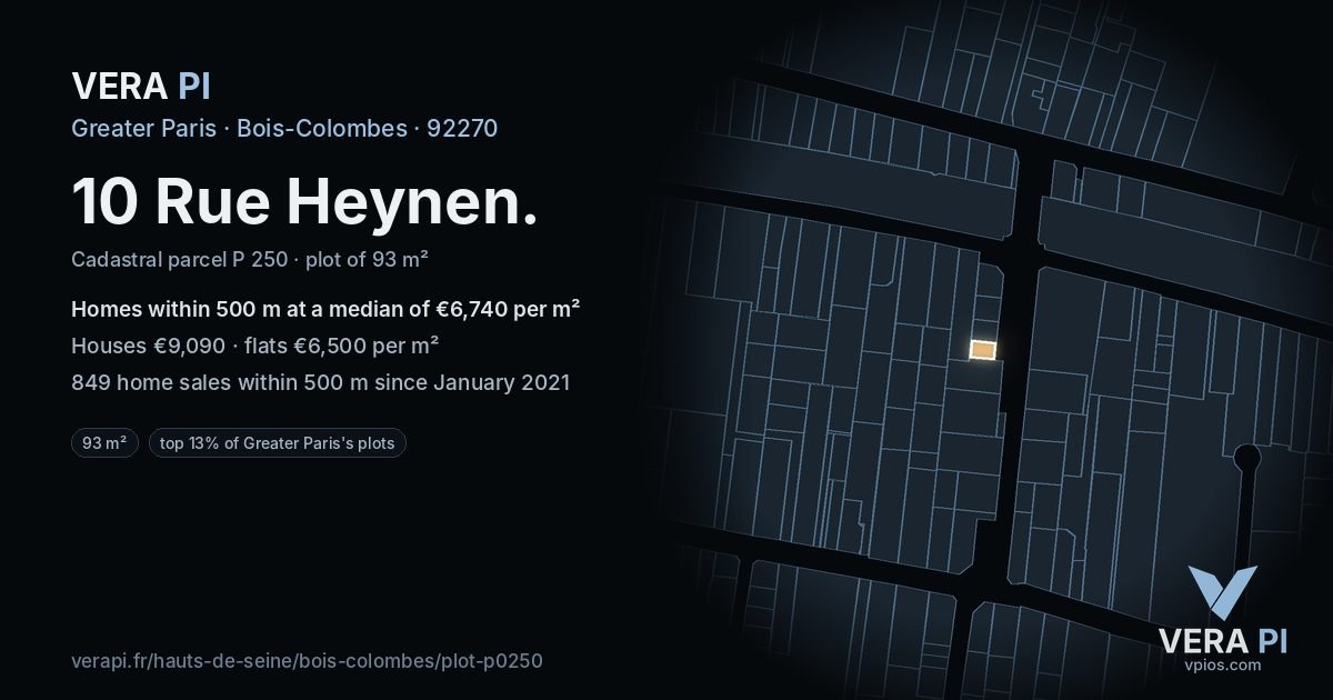 10 Rue Heynen, Bois-Colombes at night – the plot lit, the parcels around coloured by the prices near them