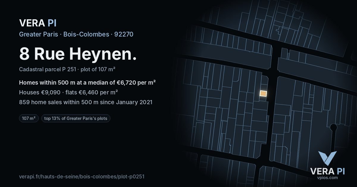 8 Rue Heynen, Bois-Colombes at night – the plot lit, the parcels around coloured by the prices near them