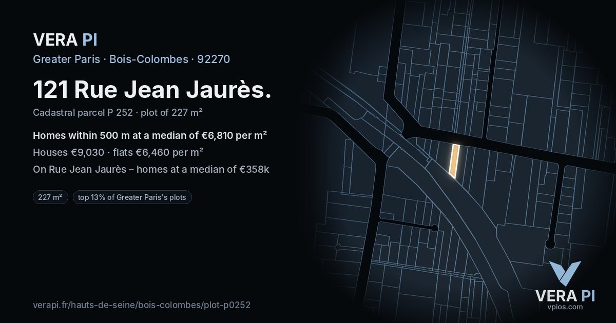 121 Rue Jean Jaurès, Bois-Colombes at night – the plot lit, the parcels around coloured by the prices near them