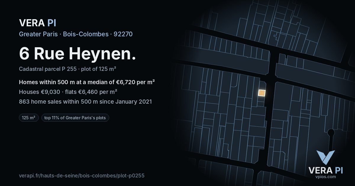 6 Rue Heynen, Bois-Colombes at night – the plot lit, the parcels around coloured by the prices near them