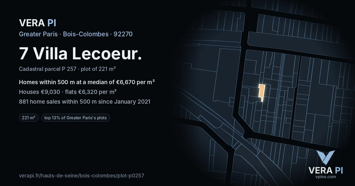 7 Villa Lecoeur, Bois-Colombes at night – the plot lit, the parcels around coloured by the prices near them