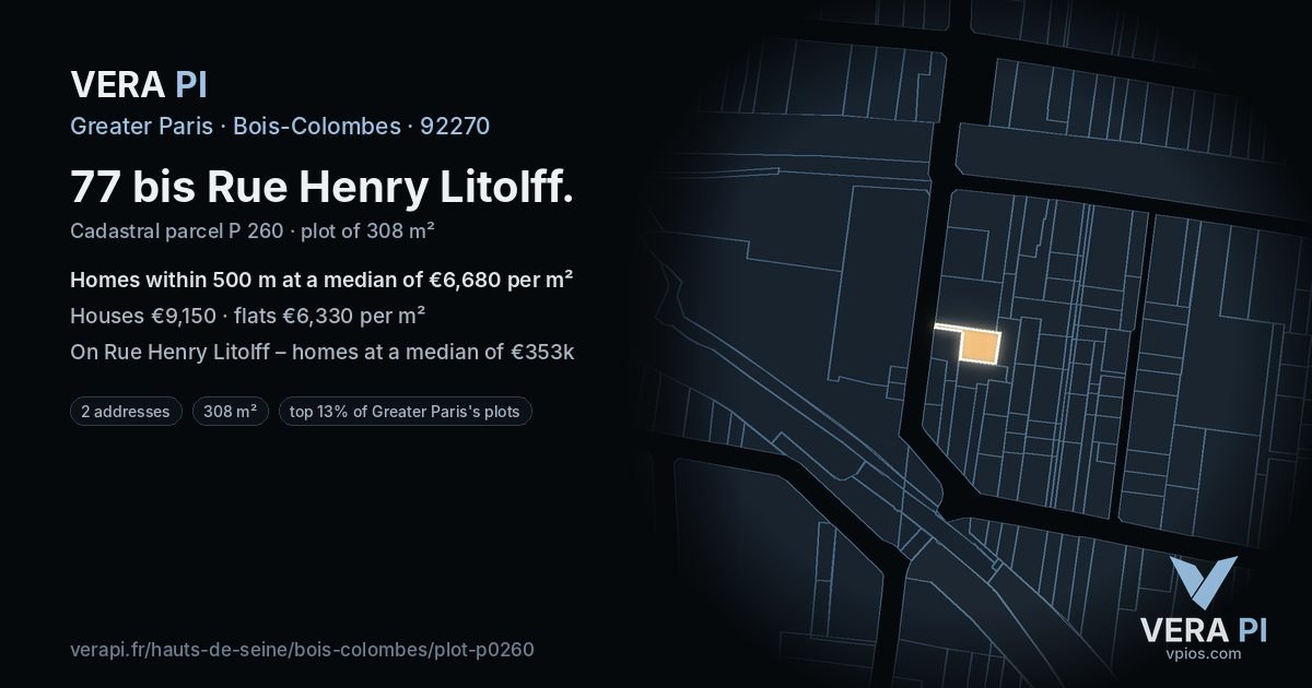 77 bis Rue Henry Litolff, Bois-Colombes at night – the plot lit, the parcels around coloured by the prices near them