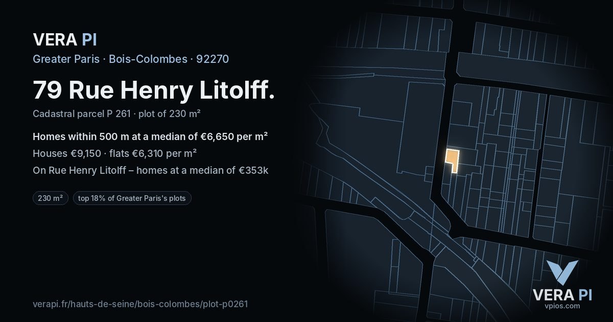 79 Rue Henry Litolff, Bois-Colombes at night – the plot lit, the parcels around coloured by the prices near them