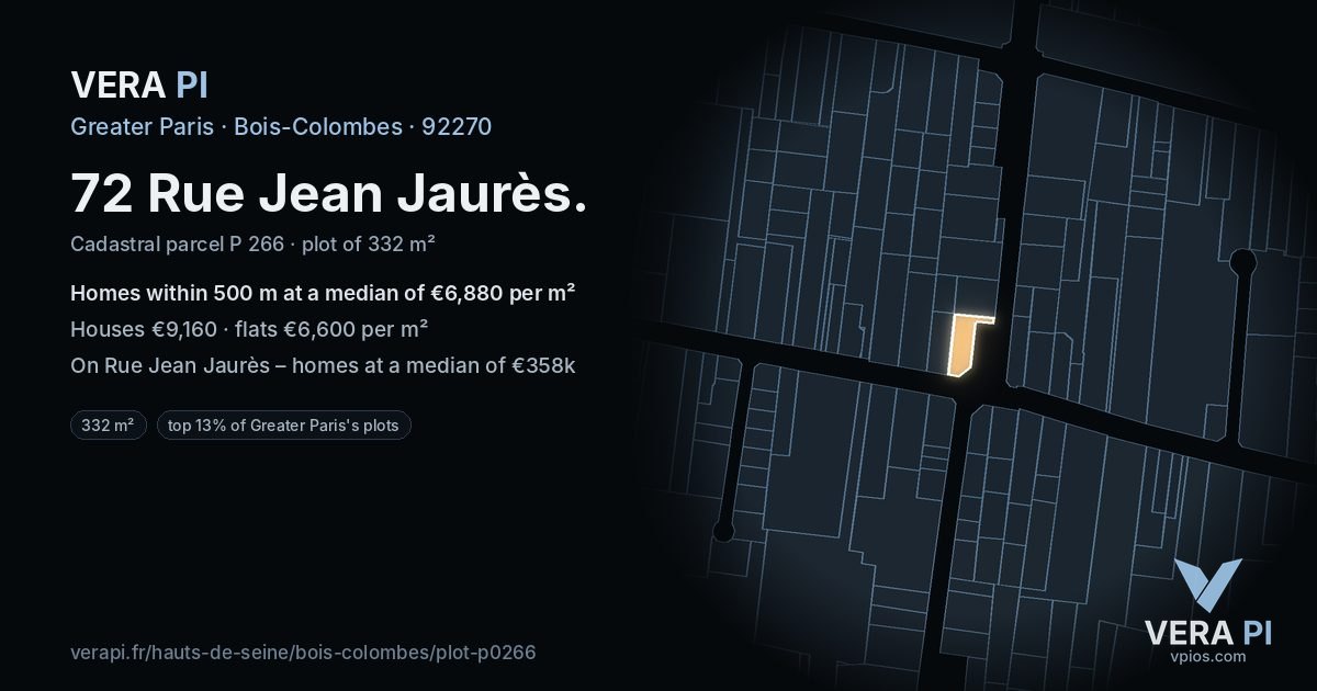 72 Rue Jean Jaurès, Bois-Colombes at night – the plot lit, the parcels around coloured by the prices near them