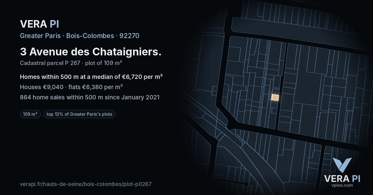 3 Avenue des Chataigniers, Bois-Colombes at night – the plot lit, the parcels around coloured by the prices near them