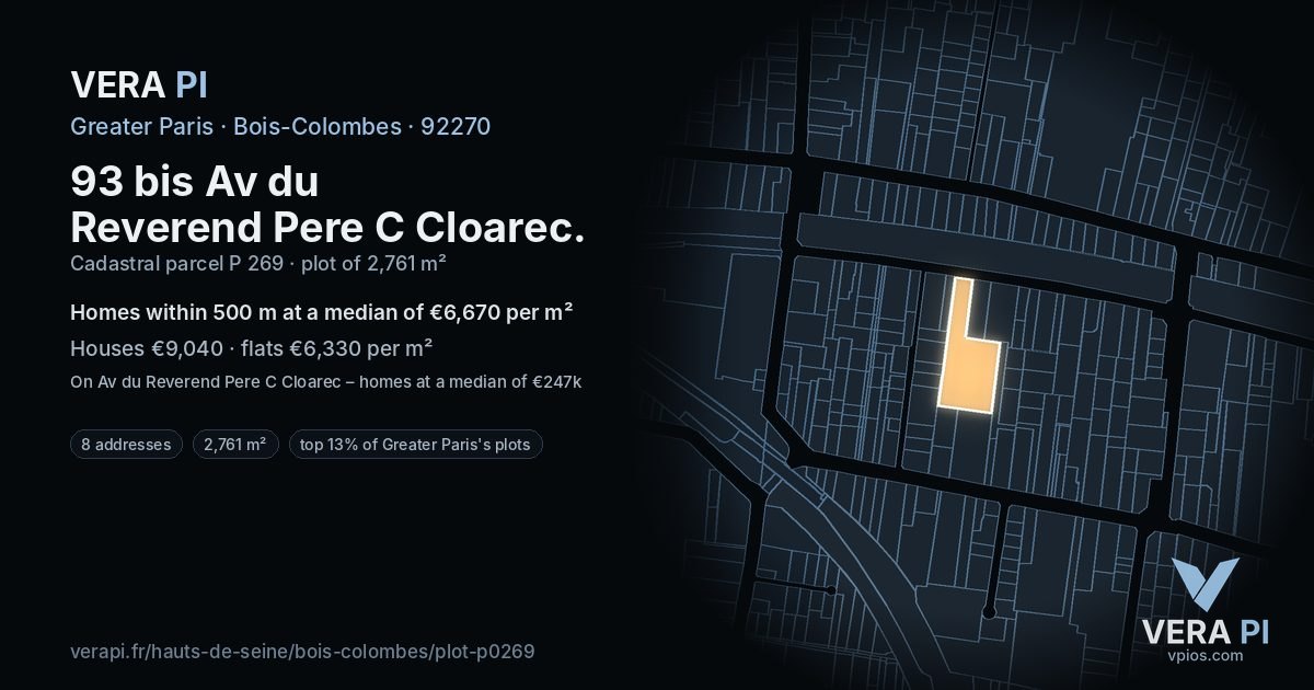 93 bis Av du Reverend Pere C Cloarec, Bois-Colombes at night – the plot lit, the parcels around coloured by the prices near them