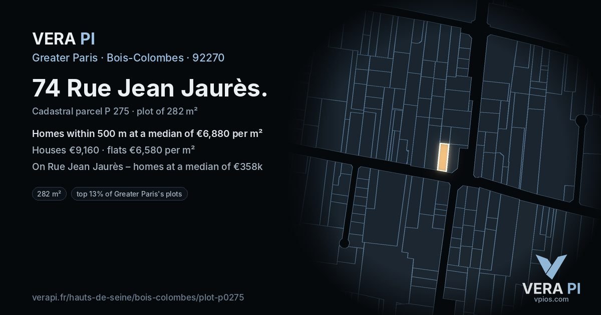 74 Rue Jean Jaurès, Bois-Colombes at night – the plot lit, the parcels around coloured by the prices near them