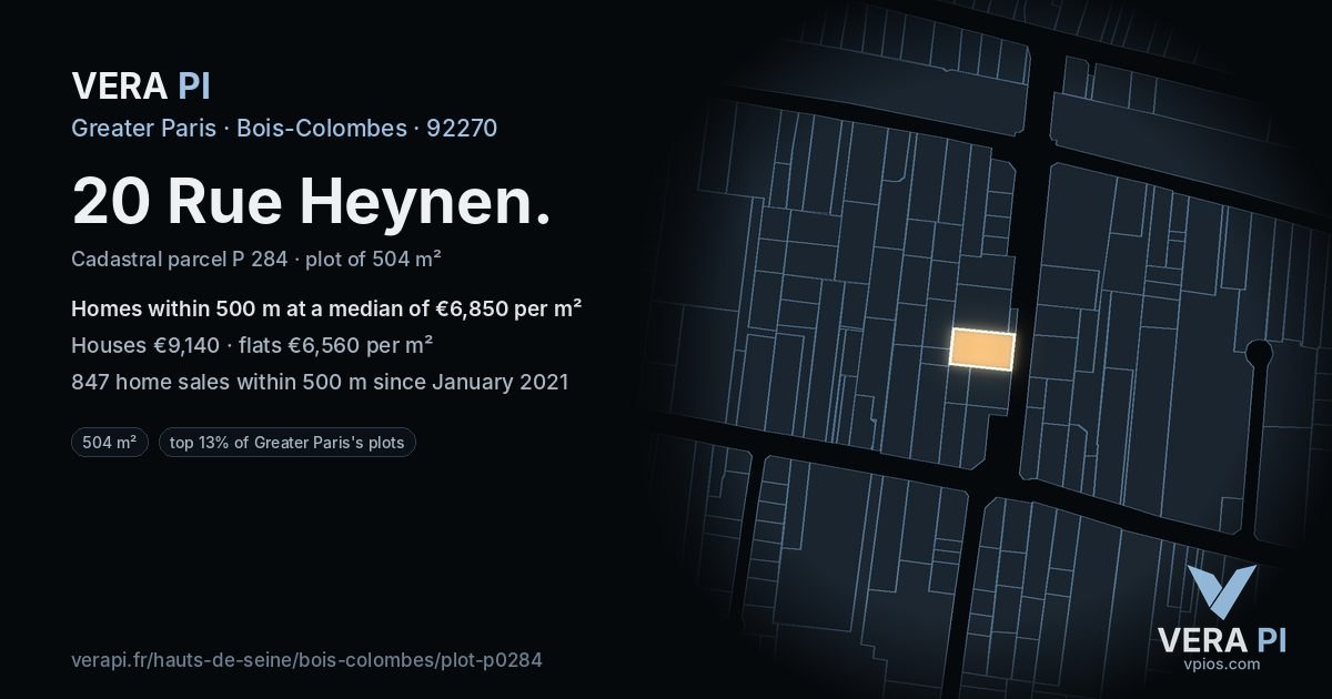 20 Rue Heynen, Bois-Colombes at night – the plot lit, the parcels around coloured by the prices near them