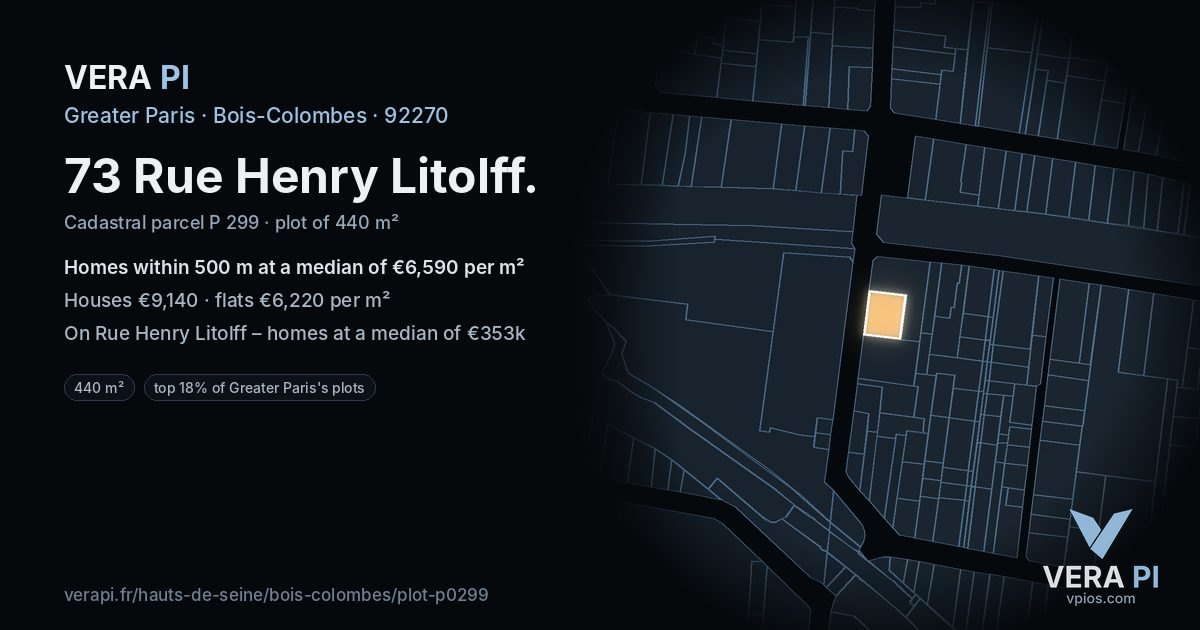 73 Rue Henry Litolff, Bois-Colombes at night – the plot lit, the parcels around coloured by the prices near them