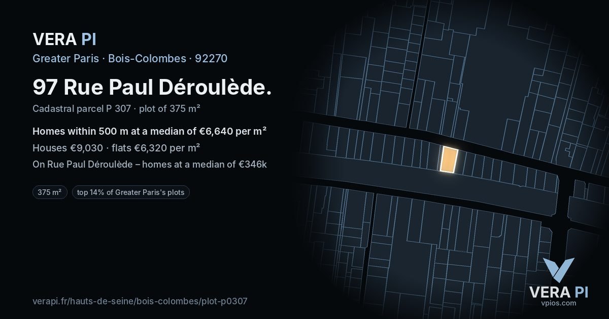 97 Rue Paul Déroulède, Bois-Colombes at night – the plot lit, the parcels around coloured by the prices near them