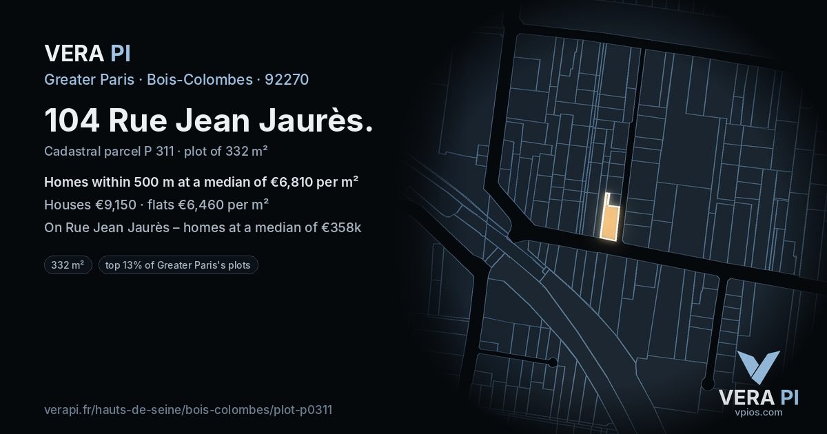 104 Rue Jean Jaurès, Bois-Colombes at night – the plot lit, the parcels around coloured by the prices near them