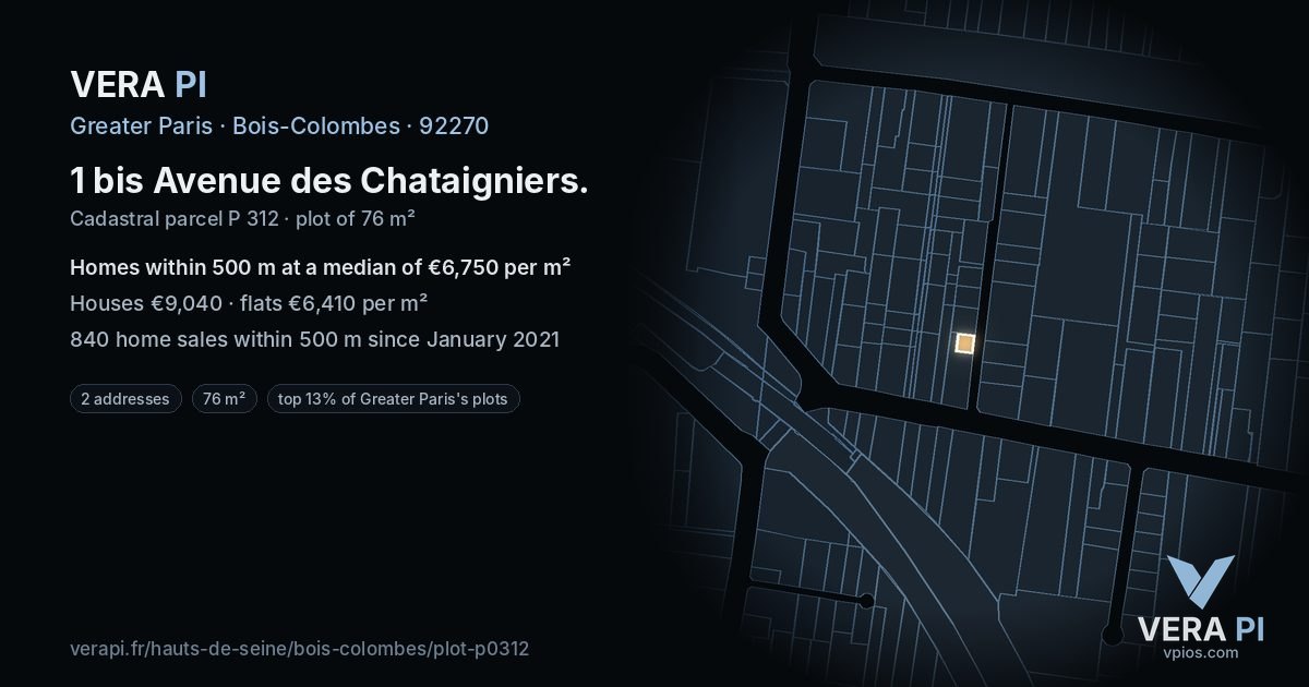1 bis Avenue des Chataigniers, Bois-Colombes at night – the plot lit, the parcels around coloured by the prices near them