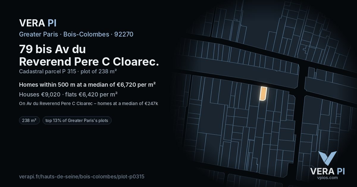 79 bis Av du Reverend Pere C Cloarec, Bois-Colombes at night – the plot lit, the parcels around coloured by the prices near them