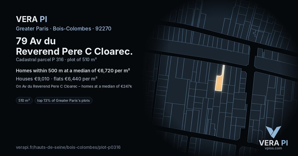 79 Av du Reverend Pere C Cloarec, Bois-Colombes at night – the plot lit, the parcels around coloured by the prices near them